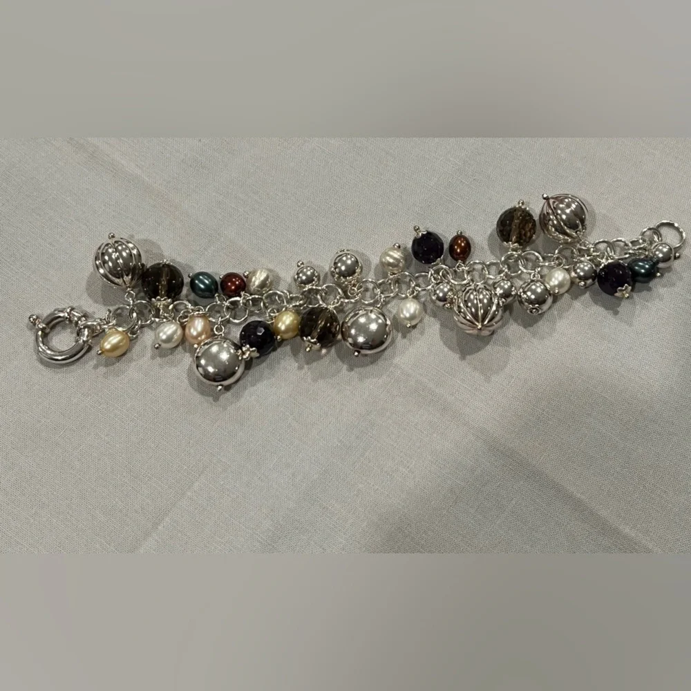 Arte D’argento Sterling silver multi gemstone Pearl charm bracelet.
